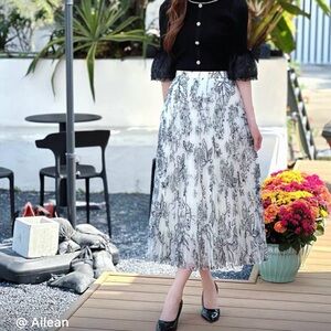 Lightweight Flowing Floral Butterfly   Embroidered on Layered Pleated Midi Skirt